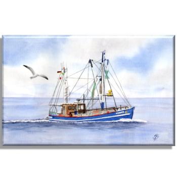 Leinwand 40 x 30 cm Keilrahmen Canvas-Leinen Aquarell Maritim Kunst Druck Kunstdruck Nordsee Cuxhaven Fischerboot Kutter Fischkutter blau Meer Boot Möwen
